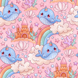 The image is a vibrant and whimsical pattern featuring a variety of fantastical elements, including blue whale characters, a castle, a rainbow, clouds, and seashells. The overall color scheme is a mix of pastel shades, with the blue whale and castle being the most prominent. The pattern is a delightful blend of fantasy and fantasy-inspired imagery, creating a visually engaging and imaginative composition.