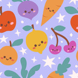 The image is a vibrant and playful pattern featuring a variety of colorful fruits and vegetables, including apples, oranges, lemons, cherries, and carrots, all set against a starry purple background.