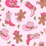 a repeating pattern of various Christmas-themed items, including cowboy boots, cowboy hats, gingerbread men, and Christmas trees, all in a pink and white color scheme.