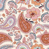 The image is a repeating pattern of colorful paisley-like designs, including flowers, leaves, and other decorative elements in shades of pink, blue, and orange.