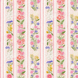 a repeating pattern of pink, white, and yellow flowers and leaves arranged in vertical stripes.