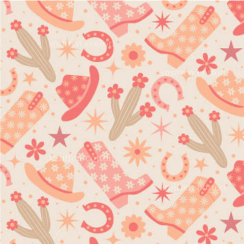 a pattern of pink and pink cowboy hats and stars