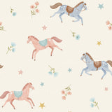 a repeating pattern of horses and flowers on a light background.