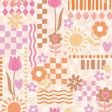 The image is a vibrant and colorful abstract pattern featuring various shapes, flowers, and geometric designs in shades of pink, orange, and yellow.