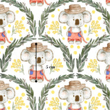 The image is a repeating pattern of cartoon koalas wearing hats and red overalls, surrounded by green leaves and yellow flowers.