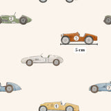 a collection of vintage race cars, each with a unique design and color, arranged in a repeating pattern.