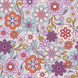 The image is a vibrant and colorful pattern featuring various flowers and leaves in shades of purple, orange, and white against a light gray background.