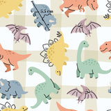 a variety of colorful dinosaurs and prehistoric creatures, including triceratops, stegosaurus, T-Rex, and other dinosaurs, all depicted in a playful and whimsical style.