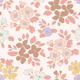a repeating pattern of various flowers and leaves in different colors, including pink, blue, and yellow. The flowers are arranged in a way that creates a visually appealing and harmonious design.