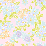 a repeating pattern of various flowers and leaves in shades of blue, yellow, and pink against a pink background.