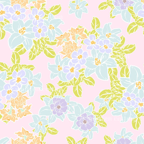 a repeating pattern of various flowers and leaves in shades of blue, yellow, and pink against a pink background.