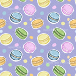 a repeating pattern of colorful macarons against a purple background.