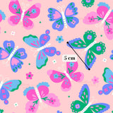 a repeating pattern of colorful butterflies and flowers on a pink background.