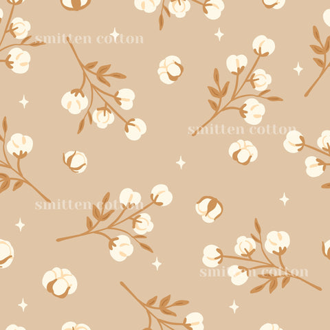 a repeating pattern of white cotton flowers and branches against a light brown background.