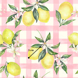 The image is a repeating pattern of yellow lemons and white flowers on a pink and white checkered background.