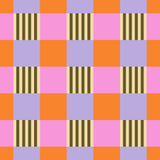 a repeating pattern of squares and rectangles in various colors, including pink, orange, purple, and black.