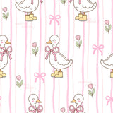 a repeating pattern of cartoon-style ducks with bows around their necks, as well as pink flowers and pink bows. The ducks are standing on a striped background with pink and white stripes.