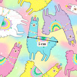 The image is a vibrant and whimsical pattern featuring a variety of colorful llamas, each with unique designs and accessories. The llamas are arranged in a playful and lively manner, creating a visually engaging and cheerful scene.