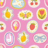 a variety of colorful and whimsical illustrations, including a bird, a flower, a lemon, a strawberry, a bow, and other playful elements, all set against a pink background.