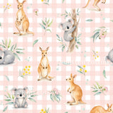The image is a repeating pattern of various animals, including kangaroos, koalas, and wallabies, against a pink and white checkered background.