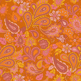 The image is a vibrant and colorful pattern featuring a variety of paisley-like shapes in shades of orange, pink, and yellow. The pattern appears to be a repeating design with a mix of flowers, leaves, and other decorative elements.