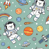 The image is a vibrant and playful depiction of space, featuring two adorable polar bears in astronaut suits floating amidst planets, comets, and other celestial objects. The scene is filled with a variety of colors and shapes, creating a whimsical and imaginative space theme.