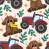 a repeating pattern of cartoon-style animals, including a cow, a sheep, and a yak, along with farm-related objects such as a tractor and leaves. The animals are depicted in a playful and whimsical manner, creating a lively and engaging visual composition.
