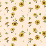 a repeating pattern of yellow sunflowers and green leaves against a light pink background.
