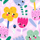 The image is a vibrant and playful pattern featuring a variety of colorful flowers and plants with whimsical expressions.