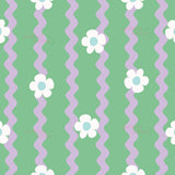 a repeating pattern of white flowers with green stems against a background of green and purple wavy lines.