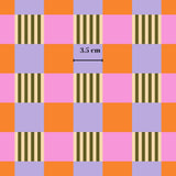 The image is a colorful pattern with alternating squares of pink, orange, and purple squares, each containing a black and white striped pattern. The pattern is described as a 3.5 cm square.