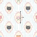 The image is a repeating pattern of framed cat illustrations, each with a bow and a small measurement line indicating the size of the cats.