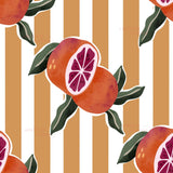 a repeating pattern of orange slices with green leaves against a striped background.