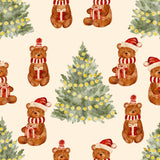 a repeating pattern of brown teddy bears wearing red and white hats and scarves, sitting in front of a Christmas tree with yellow lights.