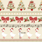 The image is a repeating pattern of Christmas-themed elements, including Christmas trees, bows, holly leaves, and musical notes.