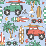 various colorful and stylized illustrations related to beach and surfing themes, including a green jeep, a surfboard, sunglasses, palm trees, and other beach-related objects.
