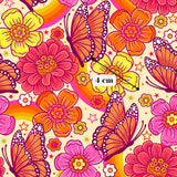 The image is a vibrant and colorful pattern featuring various flowers, butterflies, and stars in shades of pink, orange, yellow, and purple. The pattern is filled with a variety of shapes and sizes, creating a visually striking and lively composition.
