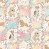 The image is a repeating pattern of various dog illustrations, including pugs, bulldogs, and other breeds, surrounded by colorful floral wreaths.