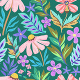 The image is a vibrant and colorful pattern featuring various flowers, leaves, and other natural elements in shades of pink, blue, green, and purple.