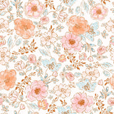 The image is a repeating pattern of various flowers and leaves in shades of pink, orange, and blue against a white background.