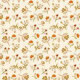 a repeating pattern of various flowers and leaves in shades of orange, green, and brown against a light background.