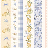 The image is a collage of various patterns and designs, including lemon and floral motifs, as well as checkered and scalloped elements.