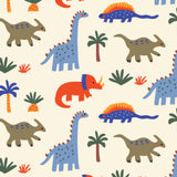 a repeating pattern of various colorful dinosaurs and tropical plants, creating a vibrant and playful design.