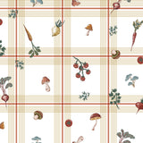 a repeating pattern of various vegetables and mushrooms, including carrots, radishes, mushrooms, and tomatoes, arranged in a grid-like pattern.