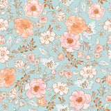 a repeating pattern of pink and white flowers with leaves against a light blue background.
