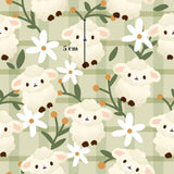 a repeating pattern of white sheep and flowers on a green and white checkered background.