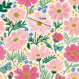 The image is a vibrant and colorful pattern featuring various flowers, leaves, and butterflies. The flowers are predominantly pink and white, with some blue and yellow accents. The pattern is filled with a variety of shapes and sizes, creating a lively and dynamic visual experience.