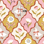 a pink and yellow pattern with flowers and birds