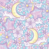 a pattern with stars and flowers on a blue background