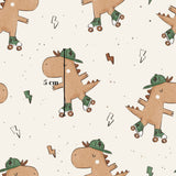 The image is a repeating pattern of cartoon dinosaur illustrations on roller skates, with a ruler indicating the size of the dinosaurs.